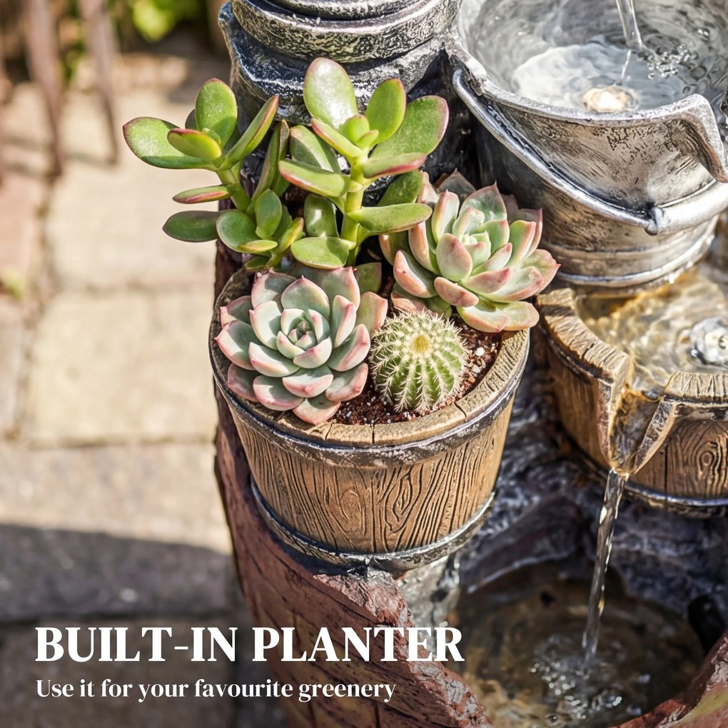 Outsunny Fontanna ogrodowa 4-stopniowa rustykalna z oświetleniem LED, pojemnikiem na rośliny, pompą, regulowana 34 x 31 x 76 cm | Aosom PL