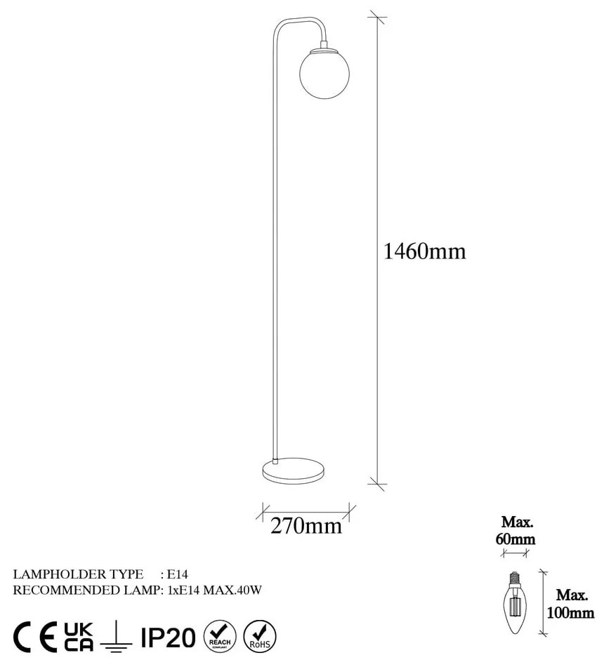 Biała/w kolorze mosiądzu lampa stojąca ze szklanym kloszem (wysokość 146 cm) Viran – Opviq lights