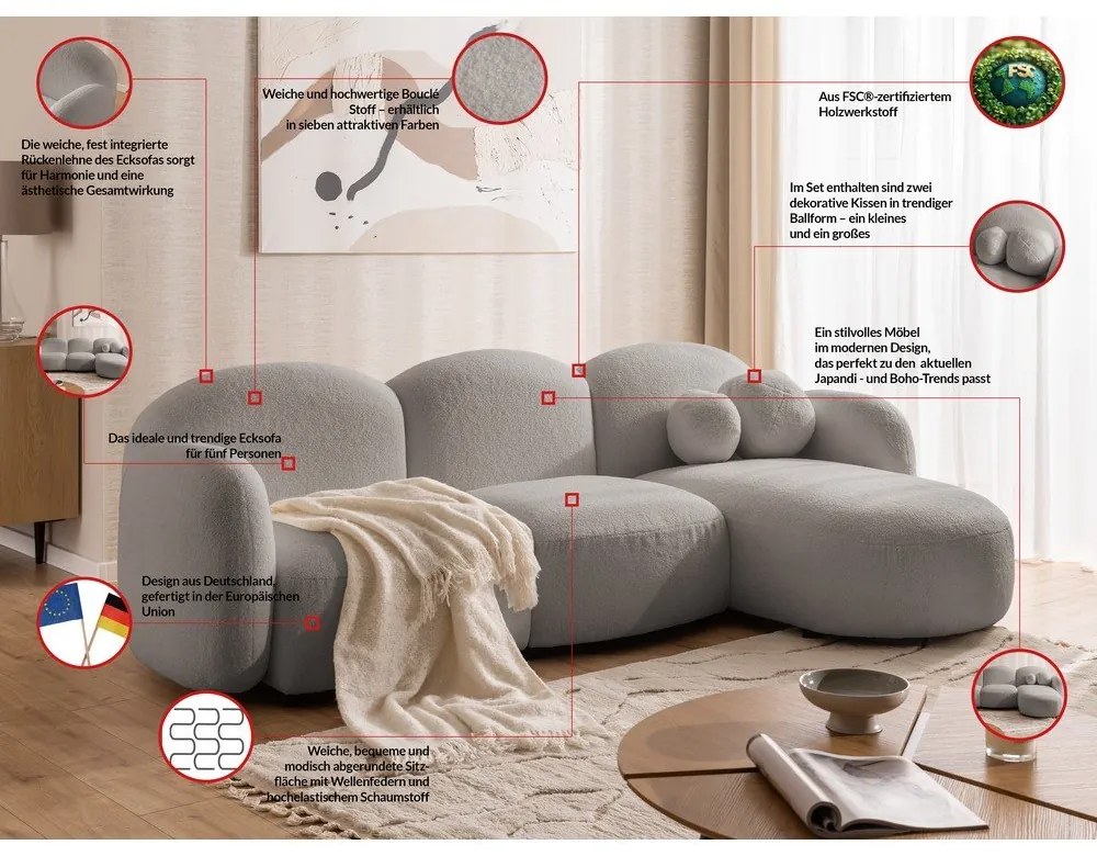 Szary narożnik z materiału bouclé (prawostronny/z szezlongiem) Orbit – Ropez