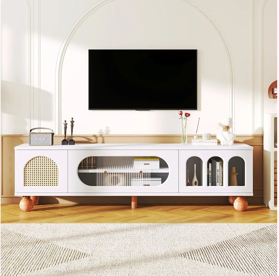 Szafka RTV z 4 drzwiami rattanowymi i szklanymi - 170 x 37 x 47 cm - płyta wiórowa i nogi z litego drewna - biała