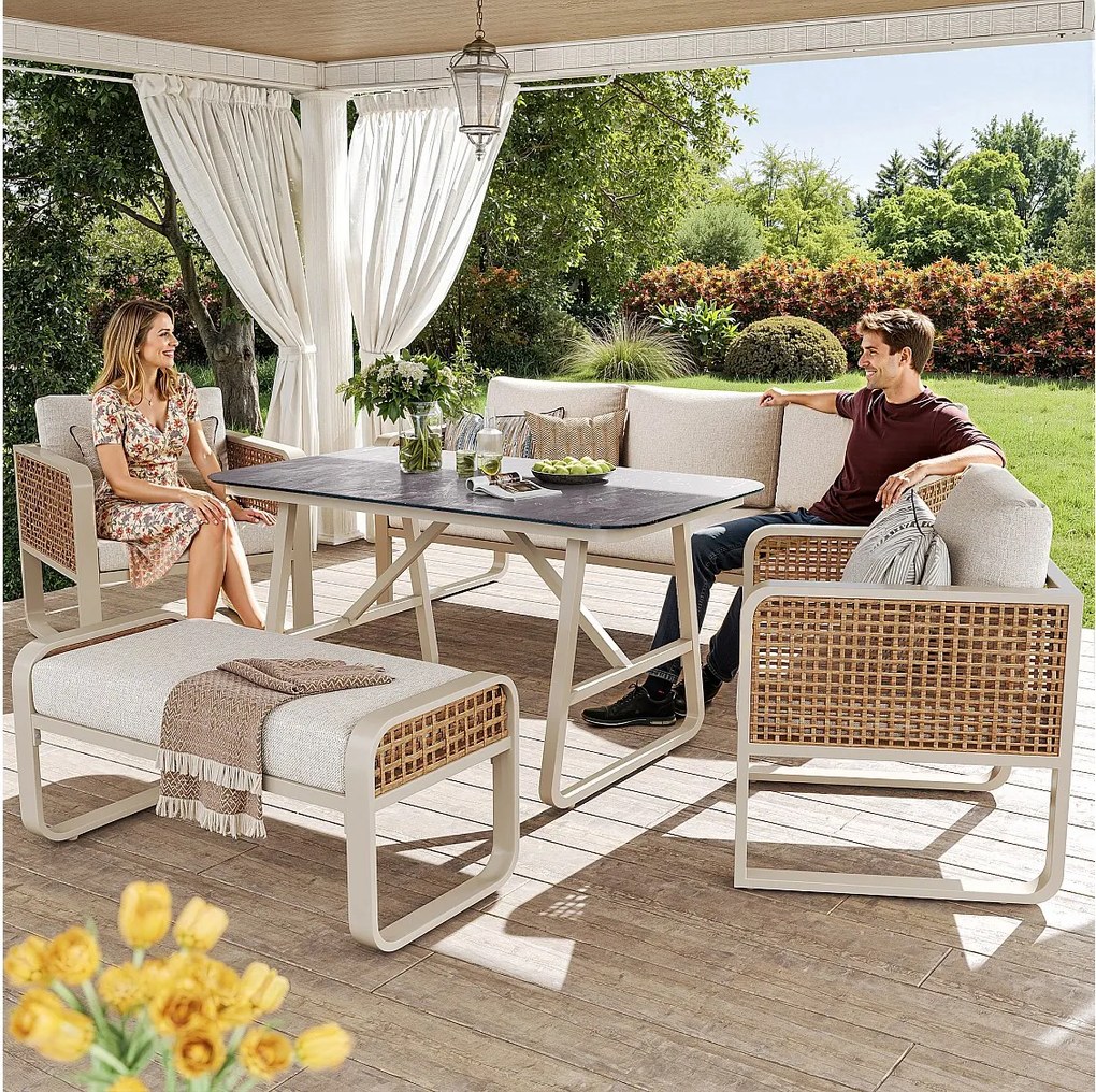 Zestaw mebli ogrodowych dla 6-7 osób - 1 stół + 1 sofa z poduszkami + 2 fotele + 1 ławka - metalowy - beżowy