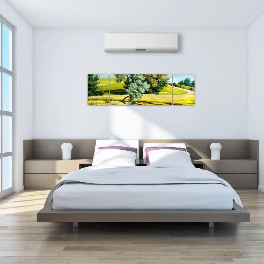 Obraz - rzeka między łąkami, obraz olejny (170x50 cm)