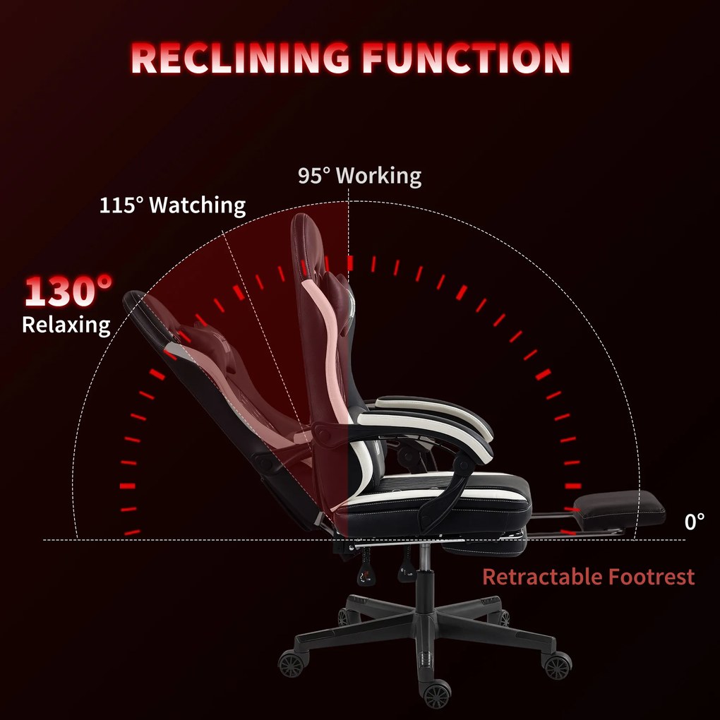 HOMCOM Fotel Gamingowy z Podnóżkiem, Fotel komputerowy z Poduszką i Książeczką, Skórzany Pokrowiec, Obrotowy, Wysokość Regulowana, Metal, Plastik, Czarny+Biały