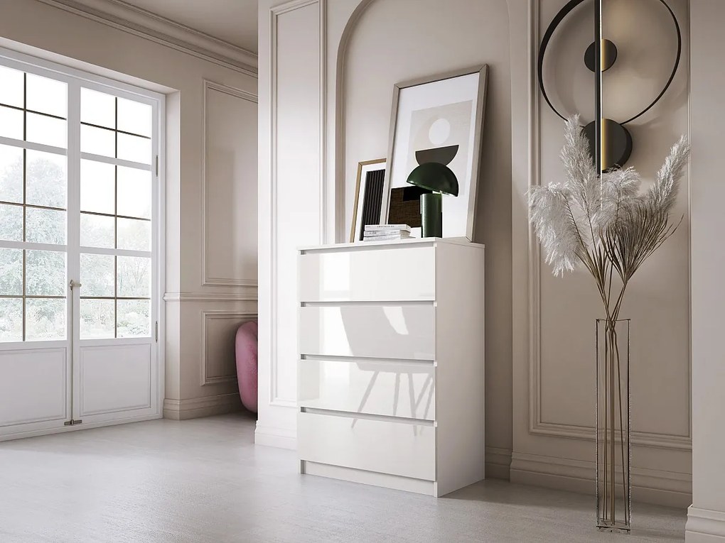 Komoda z 4 szufladami: biała matowa / biała błyszcząca, 70 x 39 x 101 cm