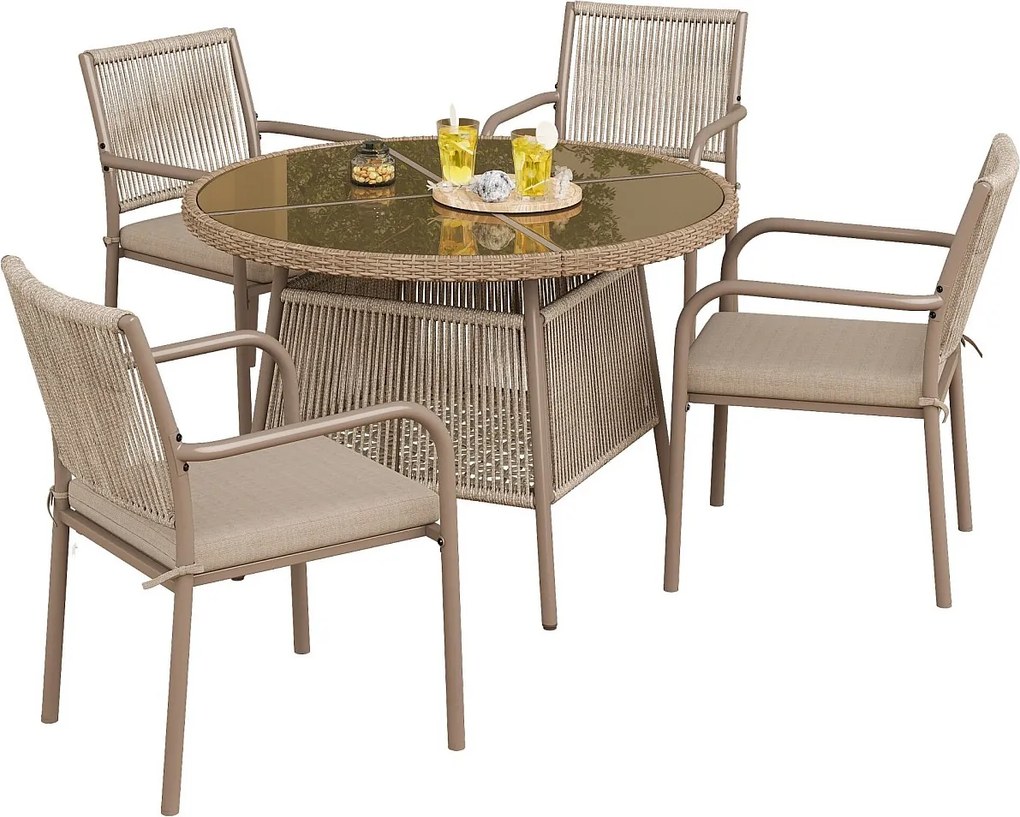 Nowoczesny zestaw mebli ogrodowych z rattanu - 1 szklany stolik + 4 fotele - metalowy - brązowy