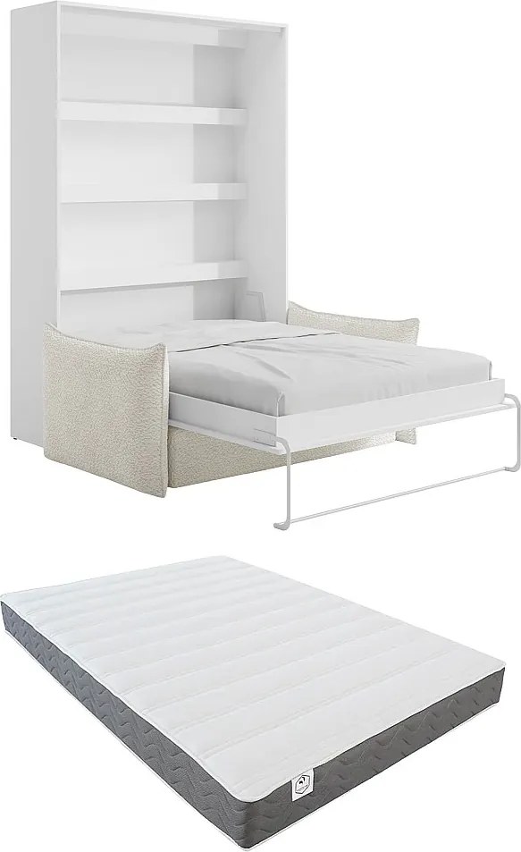 Łóżko chowane w szafie 160 x 200 cm - Ręczne otwieranie pionowe - Z LEDami - Białe + Kanapa + Materac - RAPILI