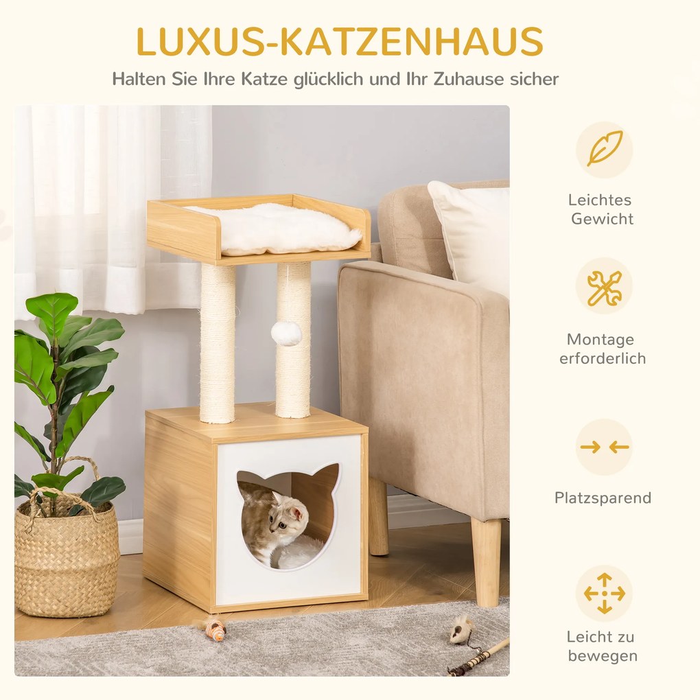 PawHut Cat House Zabawka Pet Ball Zdejmowany Aksamitny Poliester Sizal Dąb 35x35x81cm | Aosom PL