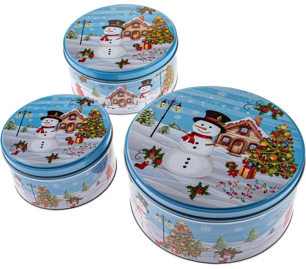 Zestaw 3 okrągłych blaszanych pojemników Bałwan