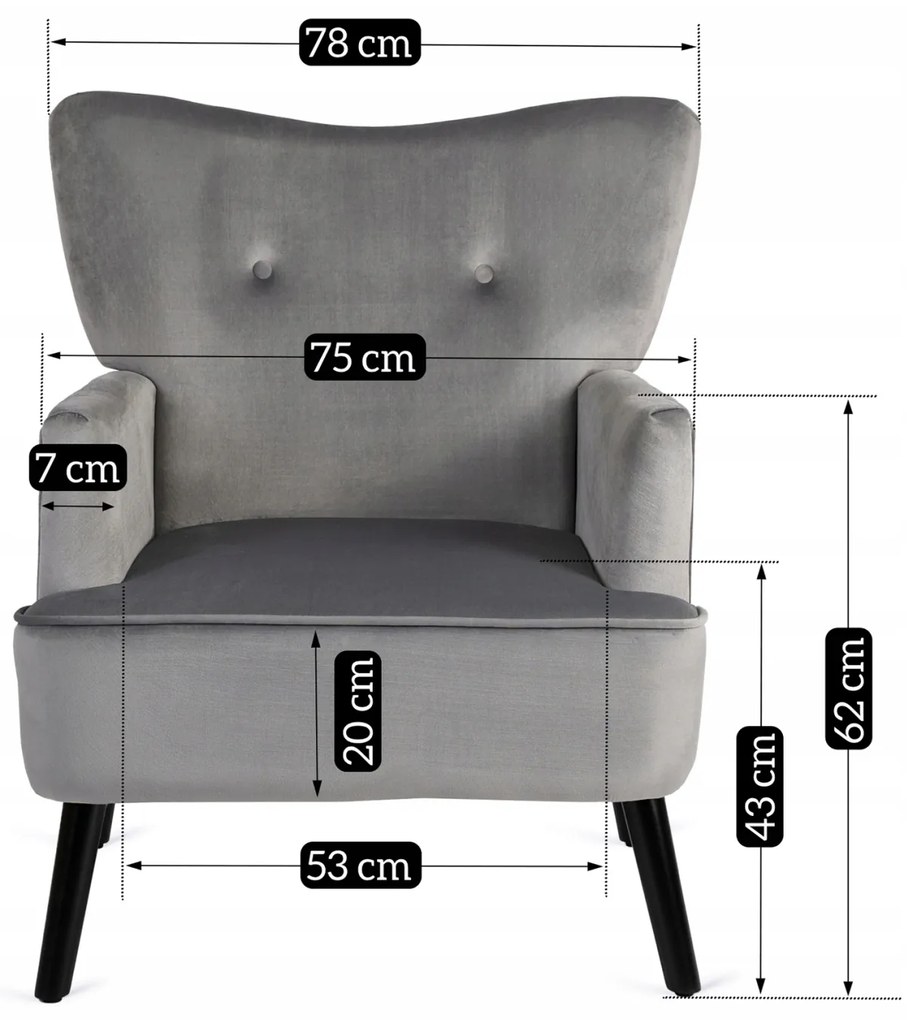 Fotel Uszak Wypoczynkowy BUNNY Szary Welurowy Nowoczesny Loft