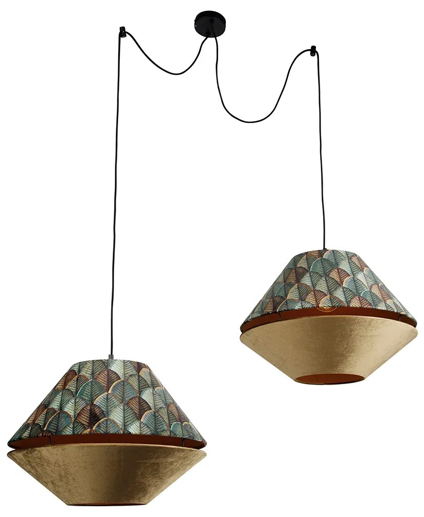 Lampa wisząca czarna z podwójnym aksamitnym abażurem z motywem liści i beżowym kolorem 2-źródła światła - Cava Luxe klasyczny/Antyczny Oswietlenie wewnetrzne