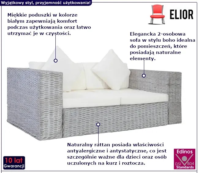 Szara 2-osobowa sofa z rattanu W1-F16