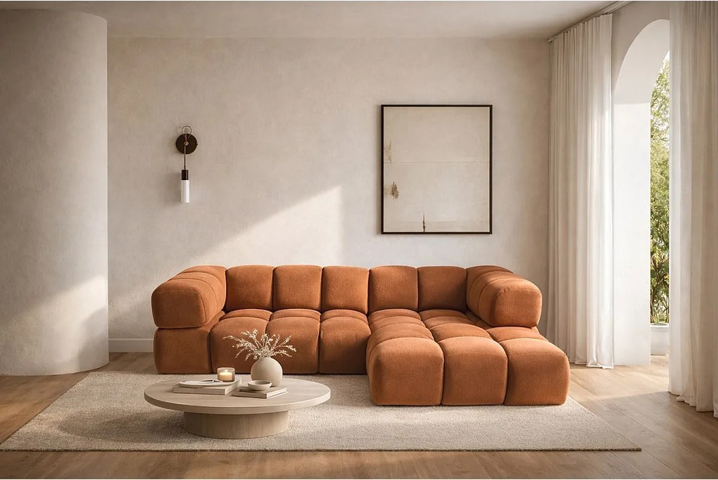 Narożnik w kształcie L Averro, tkanina Bluvel, Cynamonowy, Prawy