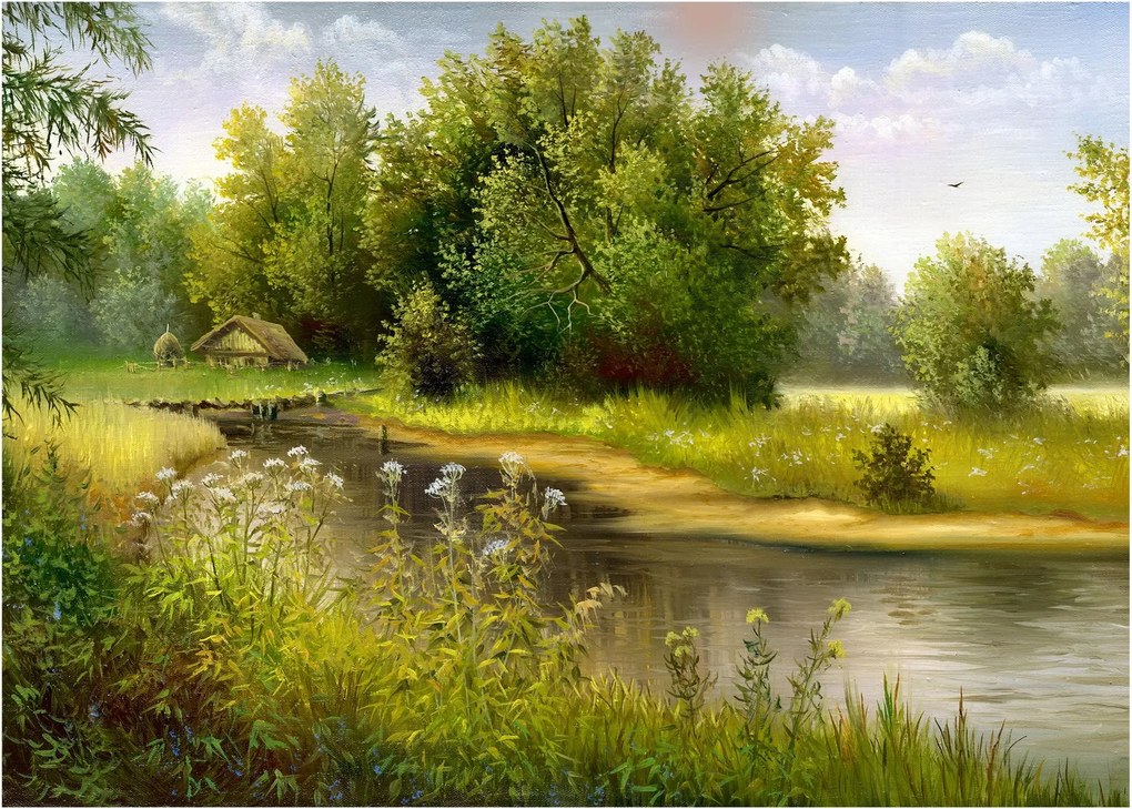 Obraz na szkle - Rzeka przy lesie, obraz olejny (70x50 cm)