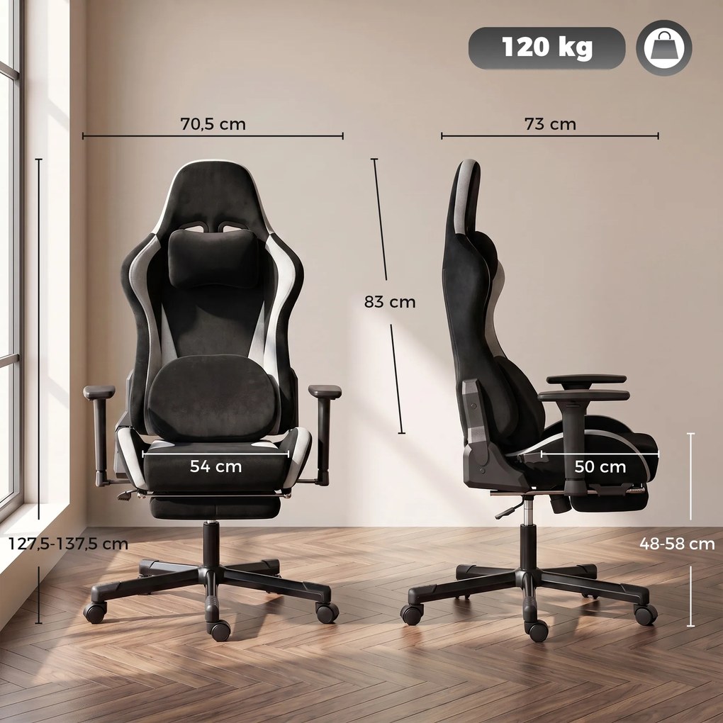 HOMCOM Fotel gamingowy z poduszką lędźwiową z masażem i ogrzewaniem, ergonomiczny, tkanina w wyglądzie lnu, 4D podłokietniki, zagłówek, Schwarz | Aosom PL