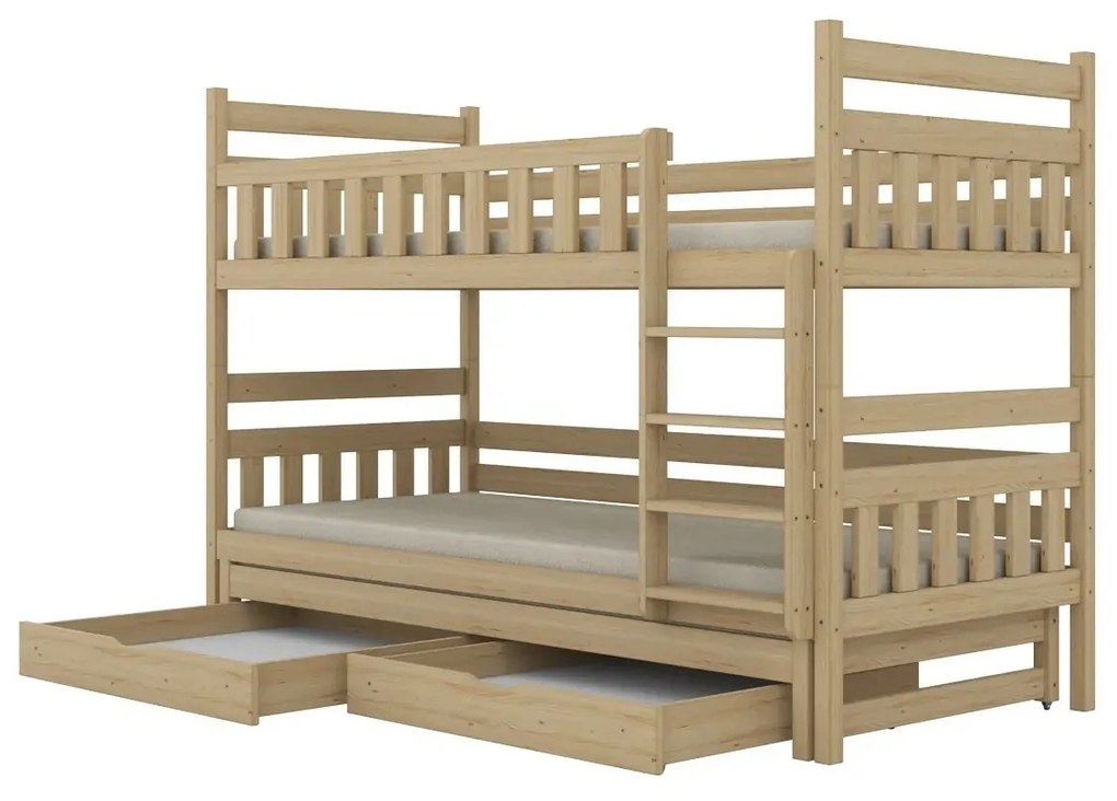 Łóżko piętrowe BARTEK 180x80 sosna lakierowana drewniane trzyosobowe z szufladami KOCOT KIDS