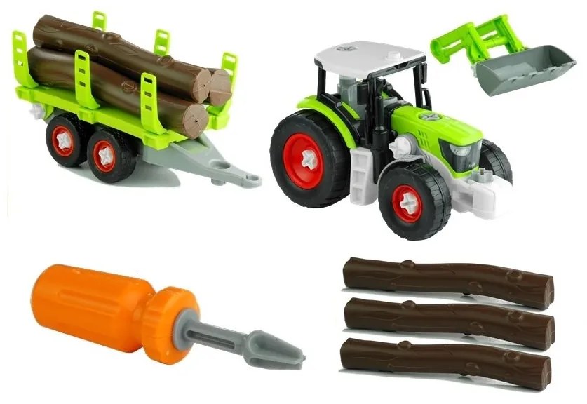 Rozkręcany traktor z przyczepą z drewnem 43 cm