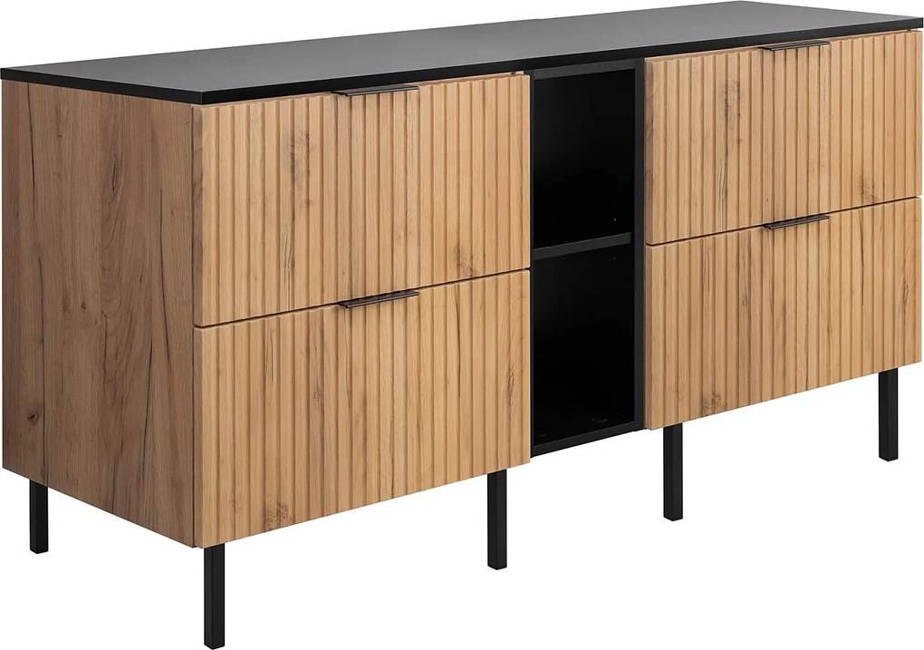 Szafka pod umywalkę, dąb Craft / czarny + czarny uchwyt, 140 (2 x 60 + 20) x 77 x 46 cm + blat, czarne nogi