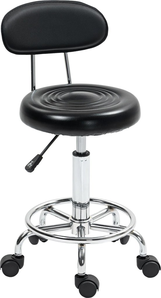 HOMCOM Obrotowy i Regulowany Taboret z Oparciem, Pokrycie z Ekoskóry, Podnóżek, do Stołów Fryzjerskich, Czarny