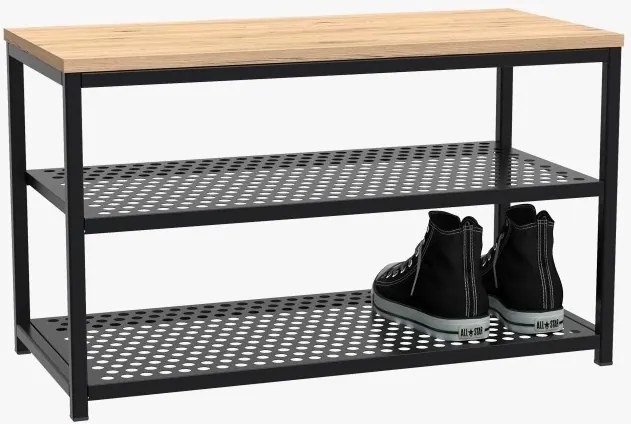 Szeroki taboret z półkami na buty Loft LT2 czarny/dąb wotan
