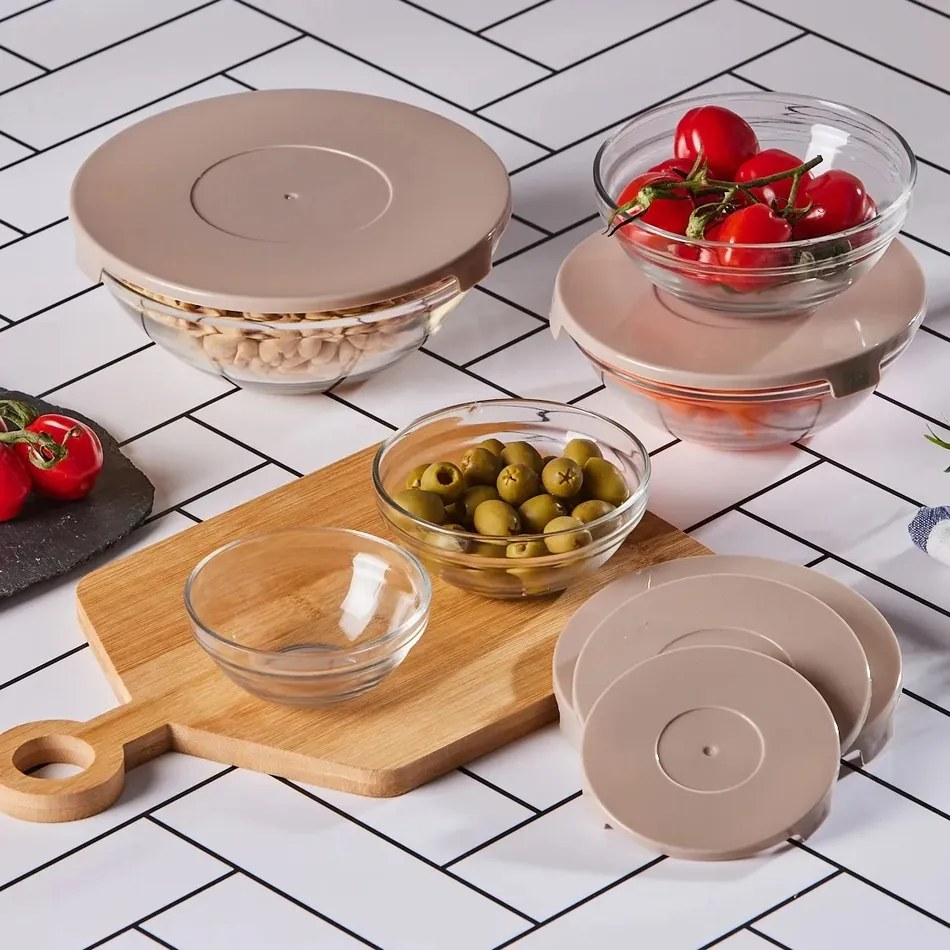 Altom Zestaw szklanych misek z pokrywką, beżowy, 5 szt.
