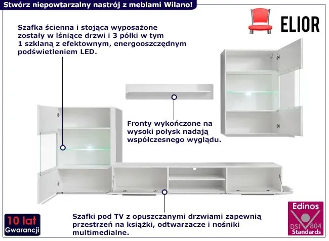 5 elementowy zestaw mebli do salonu z podświetleniem LED biały połysk - Falkos
