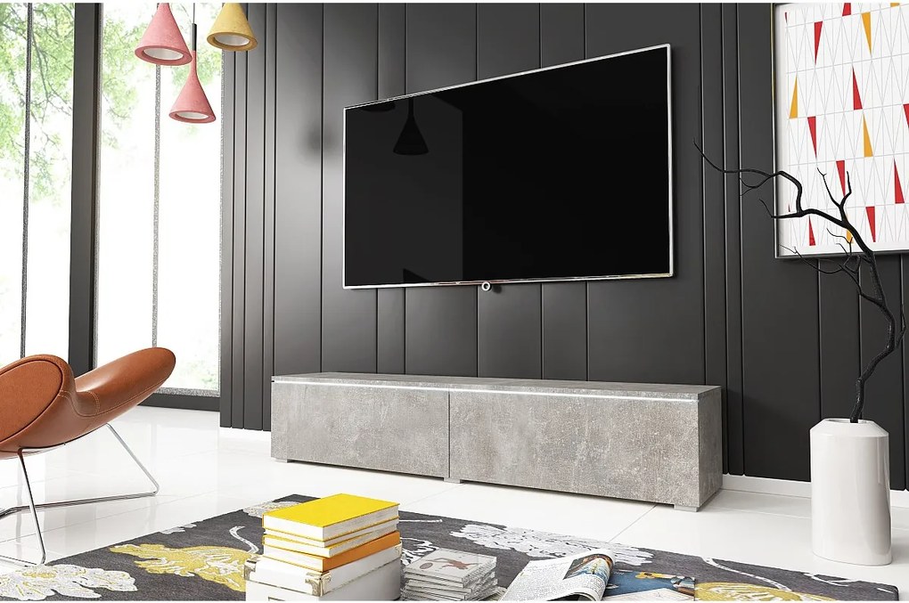 Nowoczesna szafka RTV 140 cm do salonu z LED 2-drzwiowa, bezuchwytowa, beton mat, stojąca lub wisząca