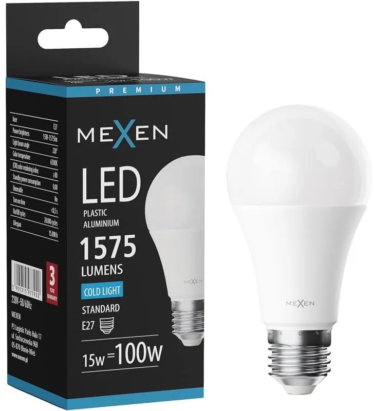 Mexen Nova żarówka LED E27, A60, 15W, Zimna - 6500K, 1575 lm - L100-E27-1565-01