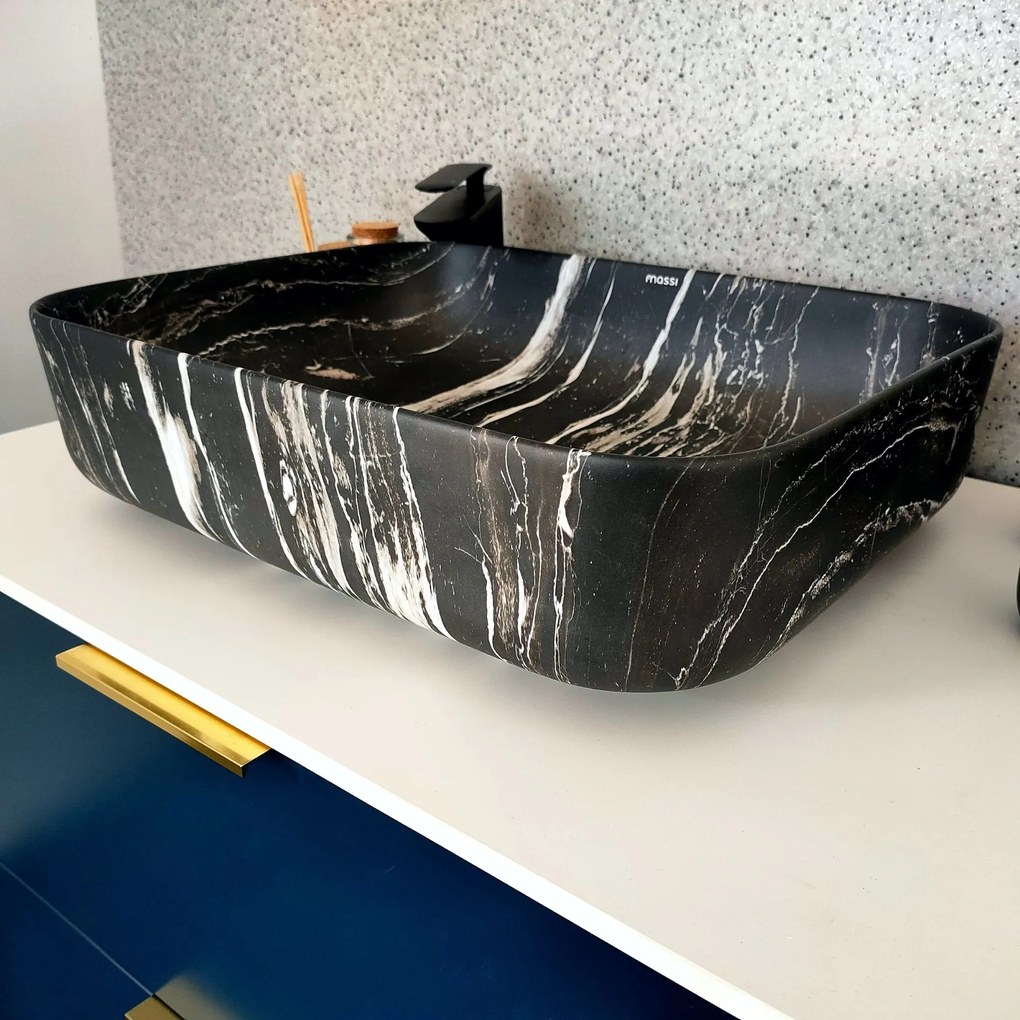 Umywalka ceramiczna nablatowa marmurowa prostokątna czarna 50 x 39 cm MARBE BLACK