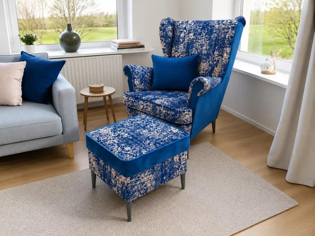Wygodny fotel wypoczynkowy uszak z podnóżkiem Vintage Carpet