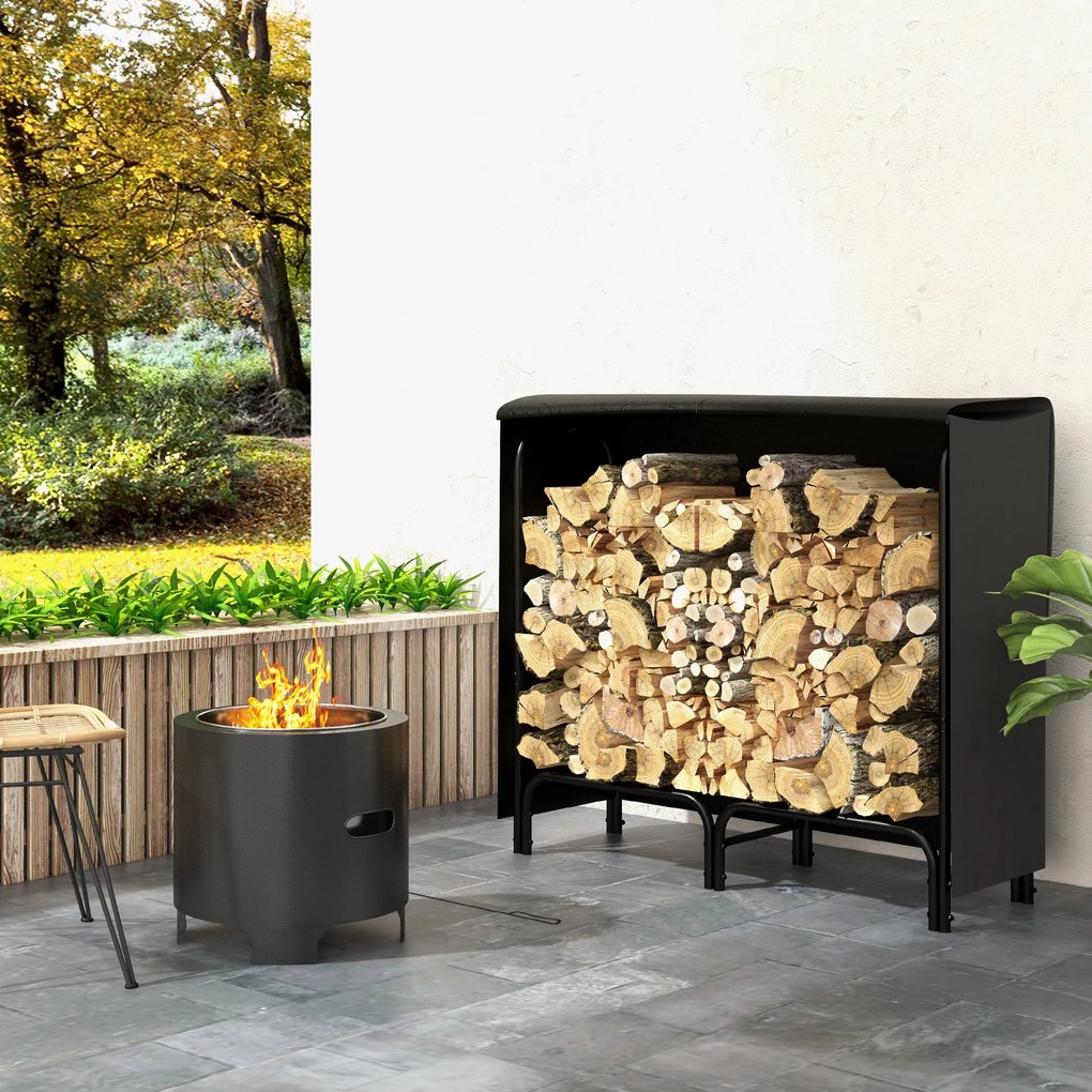 Outsunny Regał na Drewno na Opał, 0,33 m³, z Torbą i Ochronną Pokrywą, Metalowy, do 150 kg, 120 x 36 x 99 cm, Czarny