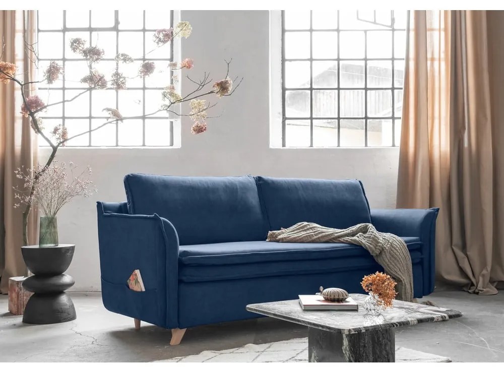 Ciemnoniebieska aksamitna rozkładana sofa 225 cm Charming Charlie – Miuform