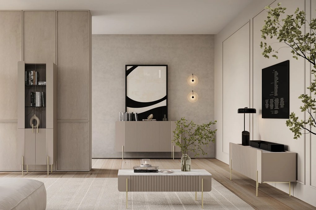 Komoda Malmi 150 cm trzydrzwiowa - kaszmir / crema bianca / złote nóżki