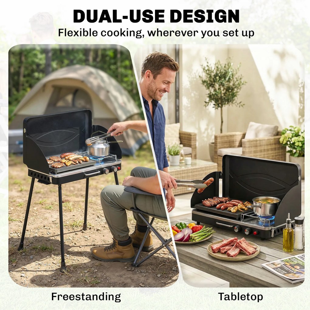 Outsunny Przenośny grill gazowy 2 palniki 5,9 kW 2-w-1 grill stołowy z pieczeniem składane nogi ruszt osłona przeciwwiatrowa pokrywa zamknięcie | Aosom PL
