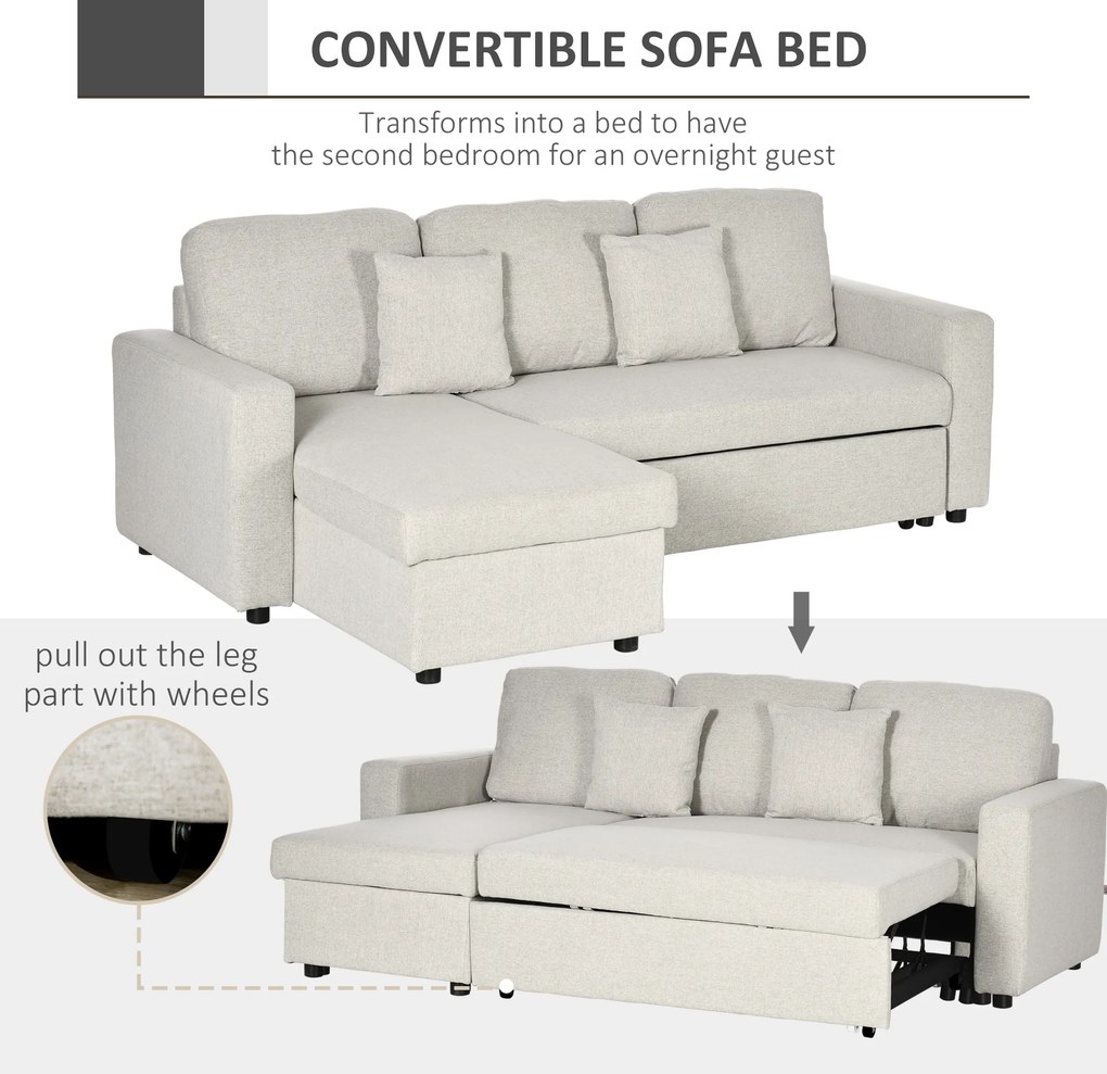 HOMCOM Narożnik z funkcją spania, Zestaw narożny z sofą 2-osobową, Łóżkiem, Narożnikiem L z miejscem do przechowywania, 2 Poduszki Kremowy