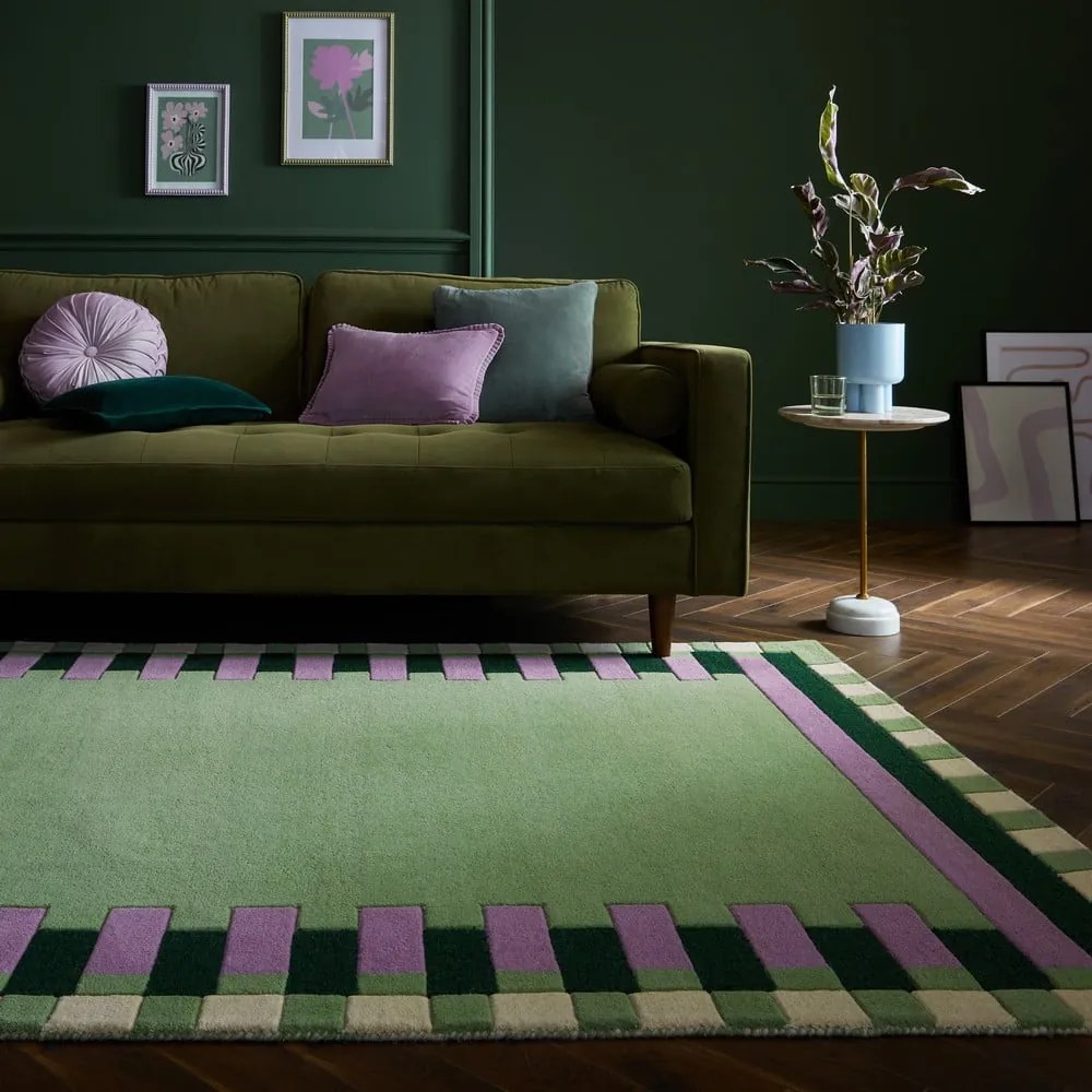 Zielono-fioletowy wełniany dywan tkany ręcznie 200x290 cm Kai Wool Border – Flair Rugs