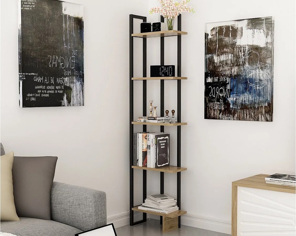 Regał na książki – 45 x 180 x 22 cm – Dąb i czerń – Płyta wiórowa z melaminą