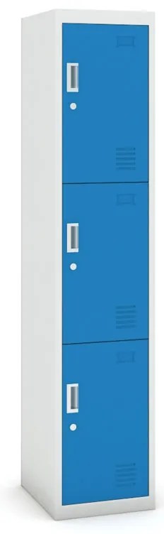 Szafka skrytkowa, 3 schowki, 1800 x 380 x 450 mm, demontaż, zamek cylindryczny, drzwi niebieskie