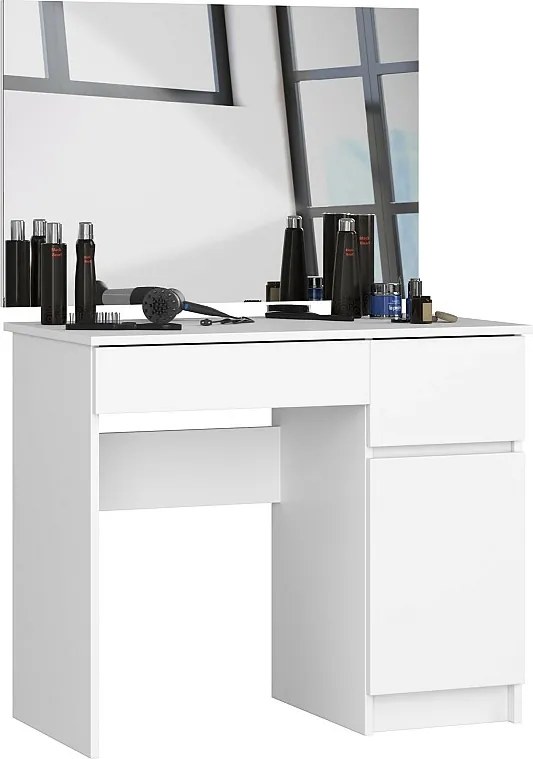 Toaletka AKORD P2 Biała 90 cm z lustrem 900x600 prawa 1 drzwi 2 szuflady kolor Biały mat 2 półki 90x50x142 cm
