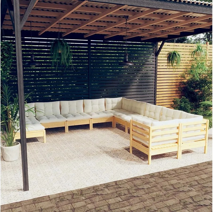 11-elementowy zestaw mebli ogrodowych z drewna sosnowego z kremowymi poduszkami dla optymalnego komfortu