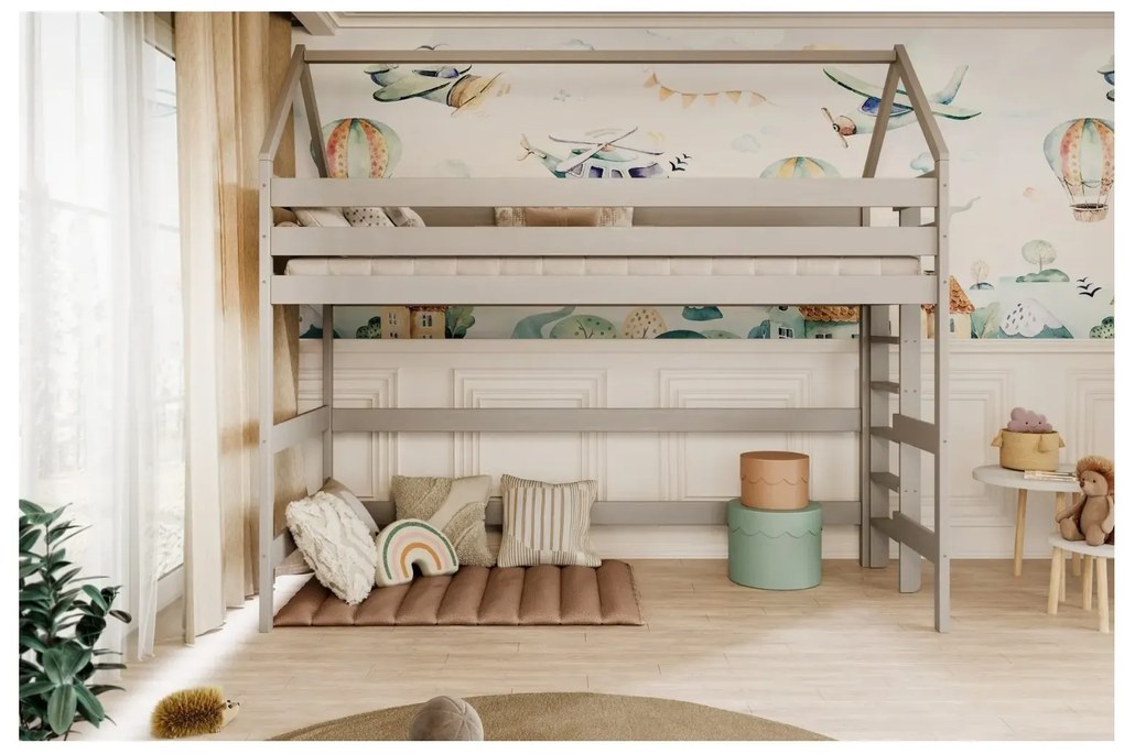 Łóżko domek na antresoli TOBI 1 180x90 szare drewniane KOCOT KIDS