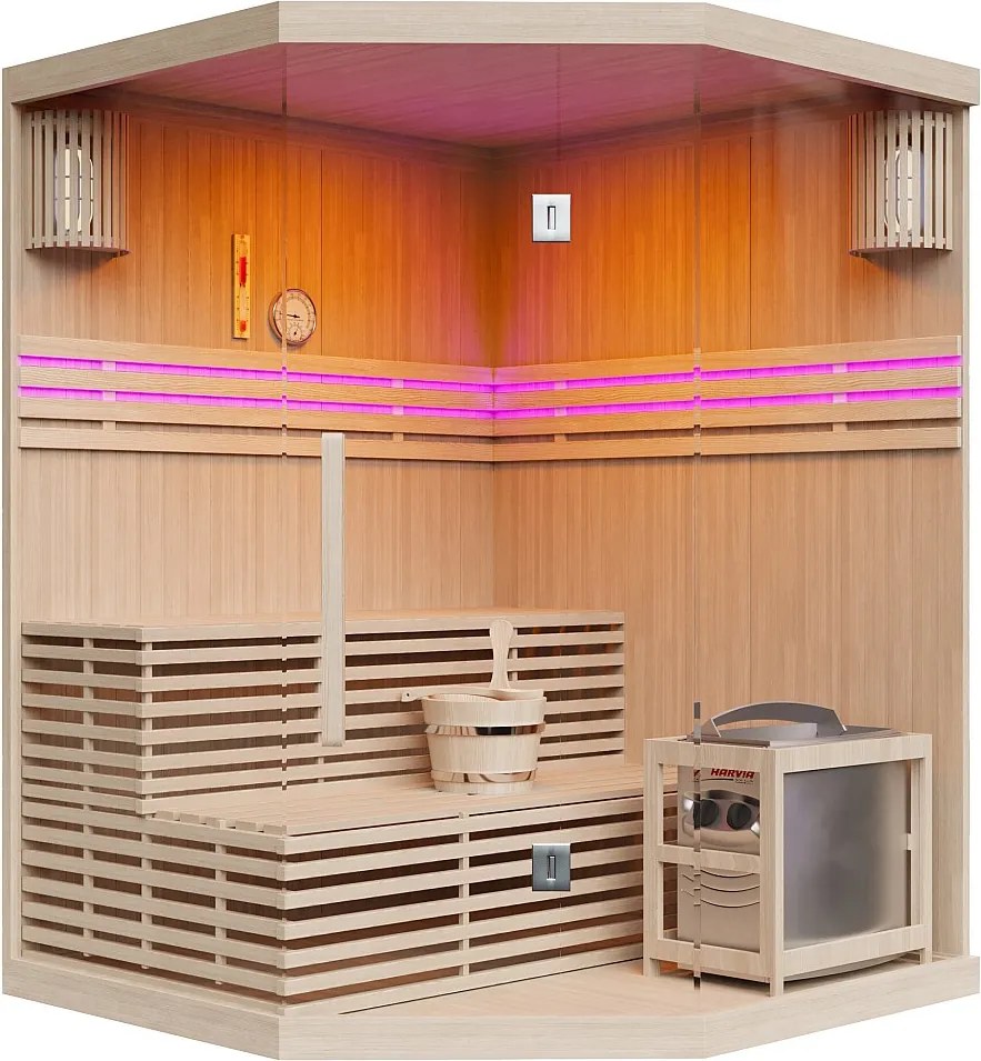Narożna szklana sauna fińska przeszklona z oświetleniem i piecem 6KW - 3/4 osoby - S150 x G150 x W200 - KALSOY