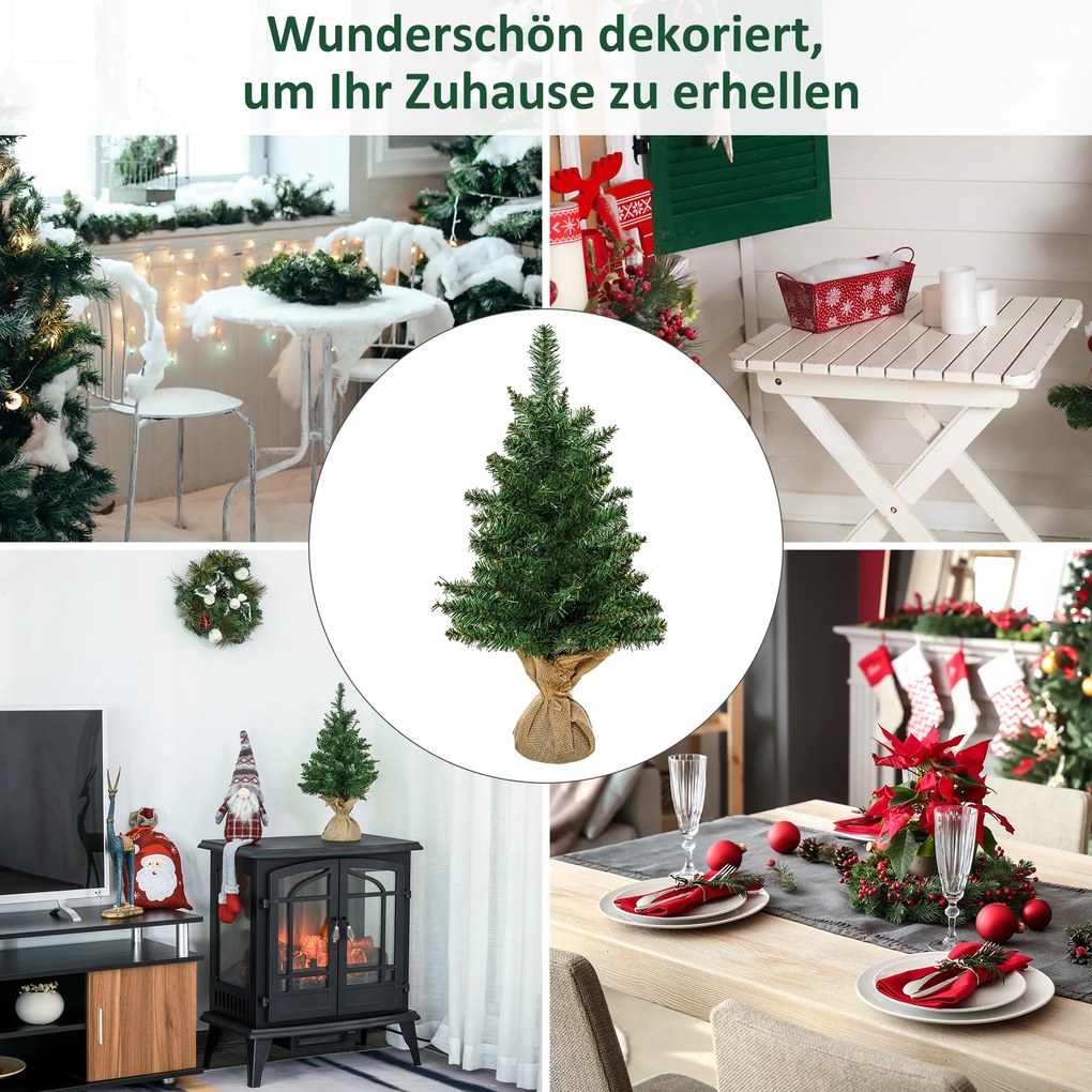 HOMCOM Mini Choinka ze sztucznym śniegiem, 60 cm wysokości, ze stojakiem cementowym, Kolorowa