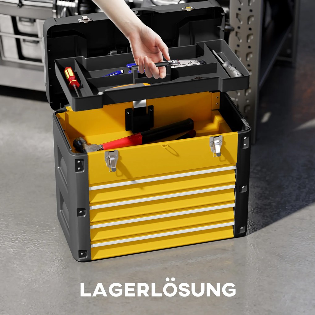 HOMCOM Pusta skrzynka na narzędzia, 49,7 x 25,3 x 40,7 cm, kufer z 4 szufladami, mini-pojemnik, stal, żółta | Aosom PL