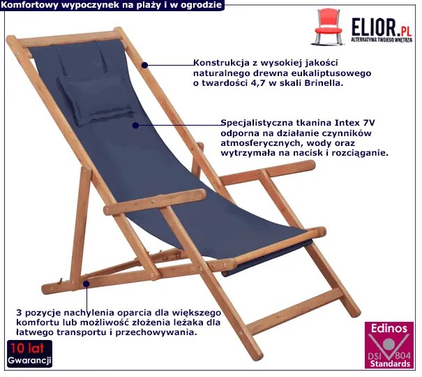 Granatowy drewniany leżak plażowy - Kane