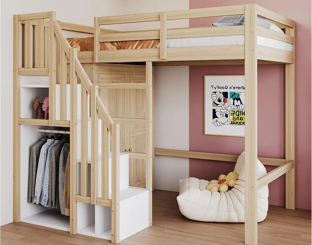 Łóżko na antresoli 90x200 cm - z drabinką zabezpieczającą + szafą - rama z litego drewna - kolor naturalny (materac nie jest wliczony w cenę)