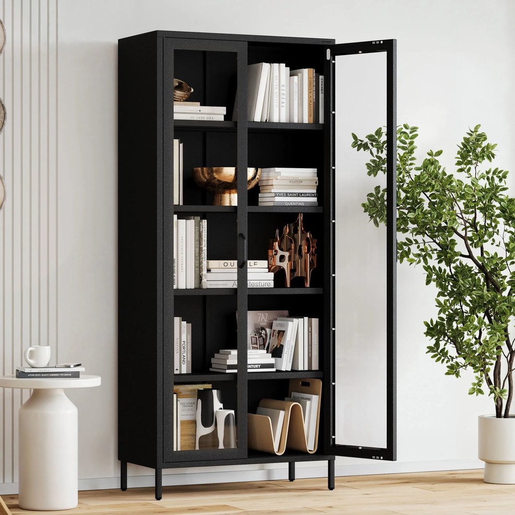 Witryna szklana do salonu metalowa czarna ANGELO Modern 800 x 1850 x 450 mm