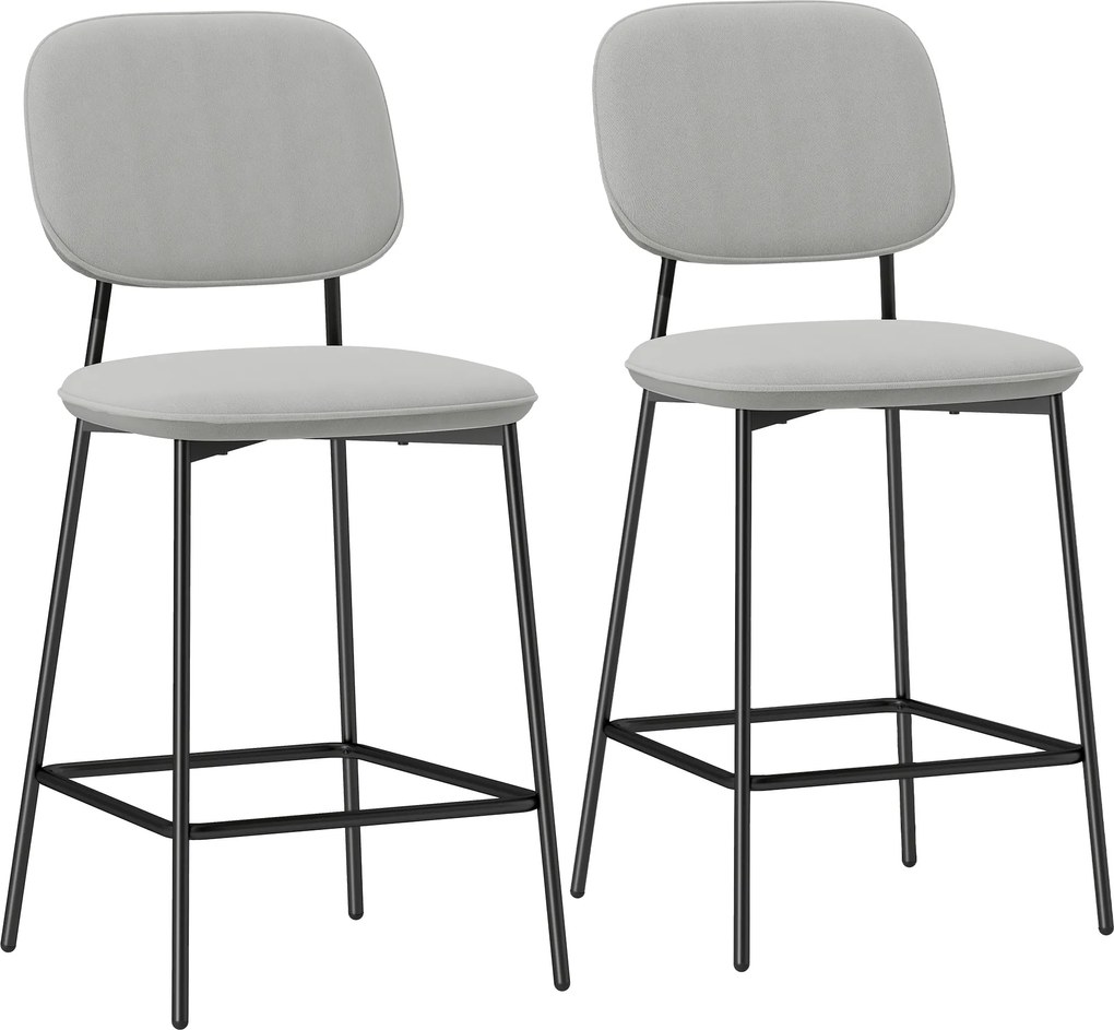 HOMCOM Zestaw 2 hokerów barowych, hoker bistro z podnóżkiem, welurowe obicie, stalowe nogi, do jadalni, 45 x 49 x 102 cm, jasnoszary | Aosom PL
