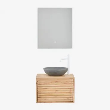 Zestaw Wiszących Mebli Łazienkowych 60x45 Cm Z Drewna Deleyna Naturalna & Okrągły Szary Cement Ø40 Cm Tarsis & Prostokątna Lampa Led I Przeciwmgielna