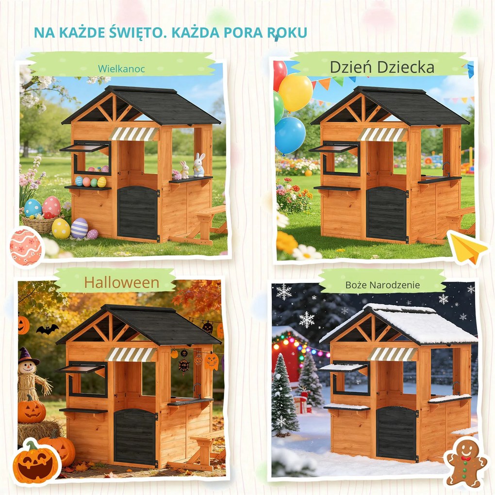AIYAPLAY Drewniany domek dla dzieci z kuchnią, ławką, okienkami i drzwiami dla dzieci w wieku 3-8 lat, 171,5 x 146 x 156 cm, brązowy | Aosom PL
