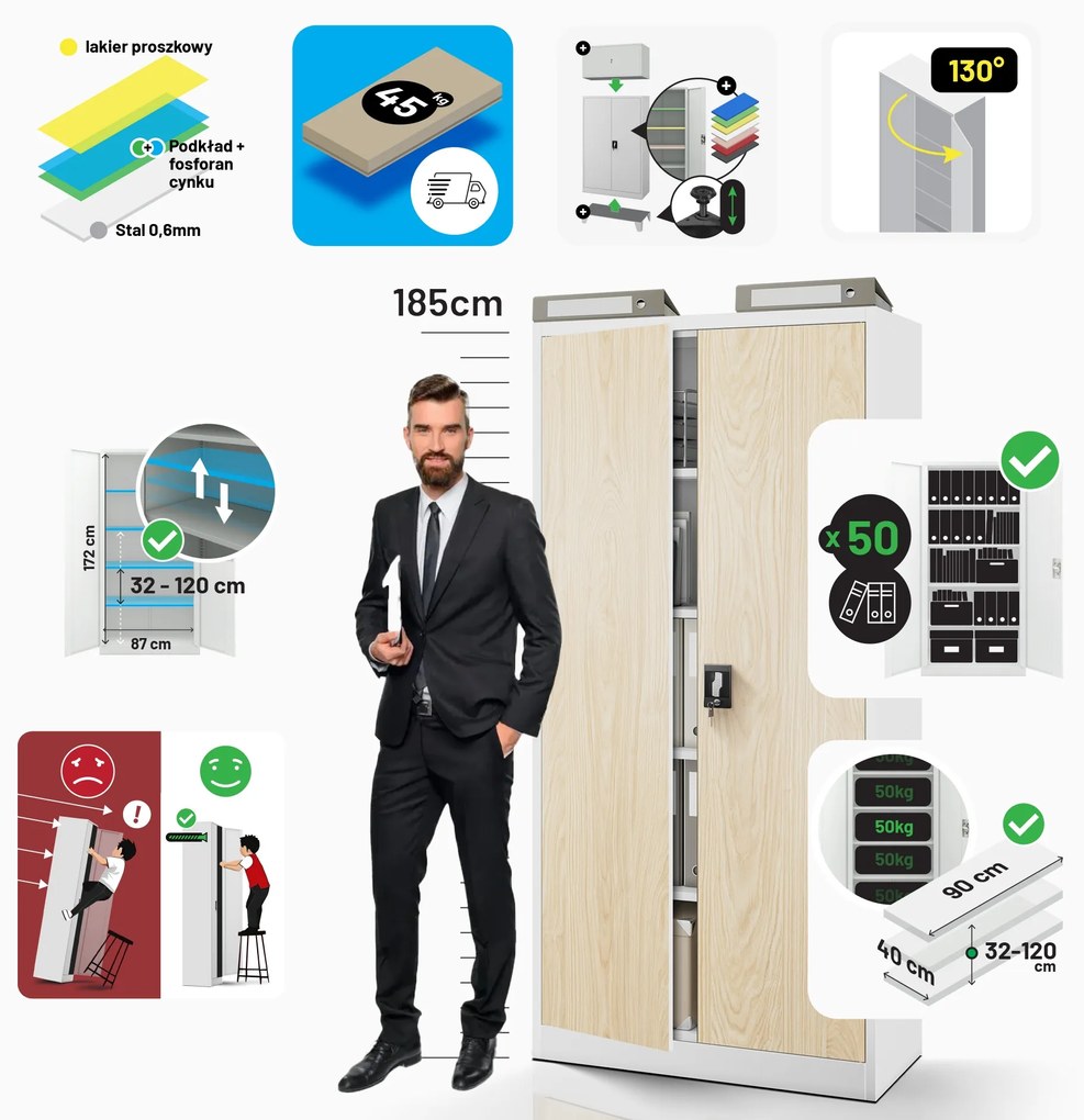 Szafa biurowa na dokumenty biała/ dąb sonoma: Eco Design JAN, 900 x 1850 x 400 mm